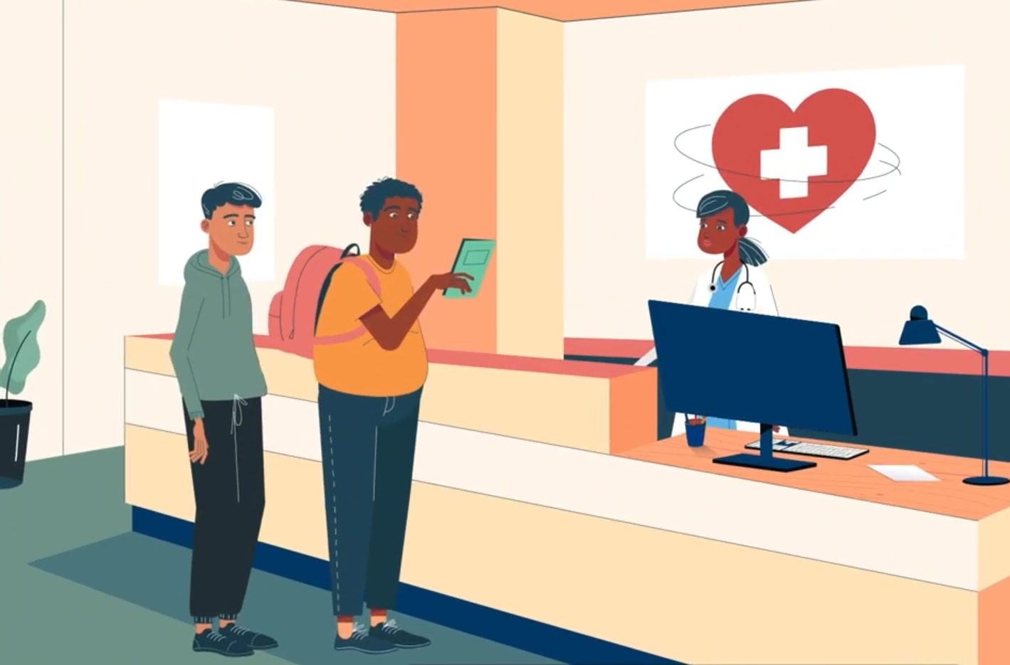 Still from Animated Video Dispels Myths About Hepatitis C and Promotes Compassionate Care showing two men picking up a brochure at a clinic