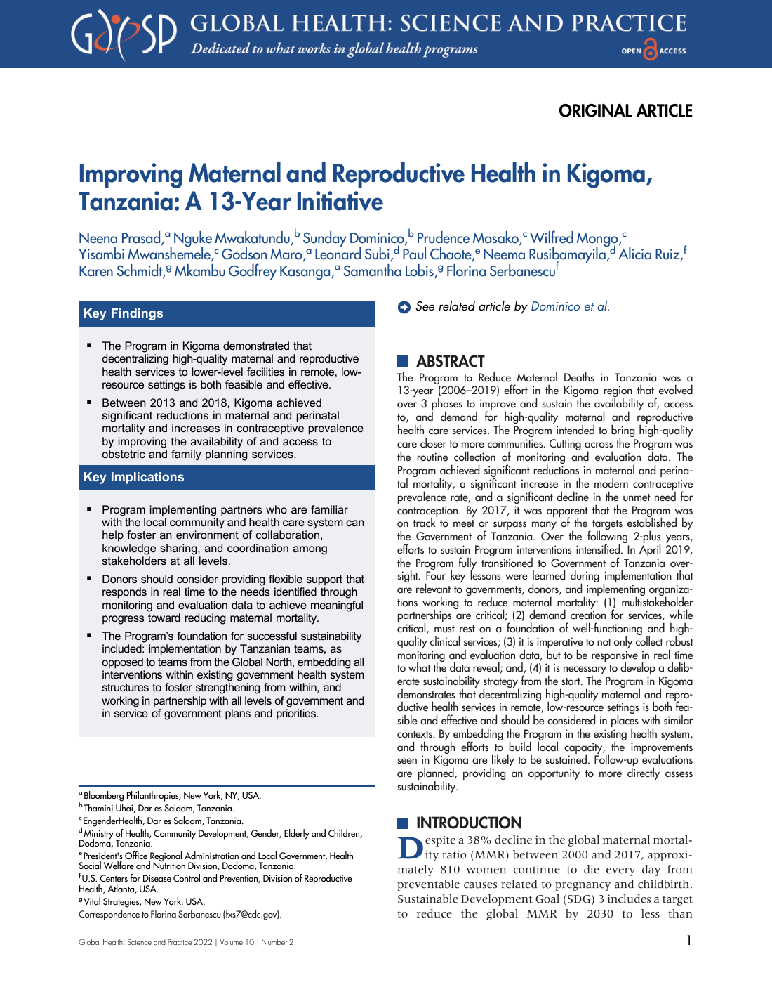 Improving Maternal and Reproductive Health in Kigoma, Tanzania: A 13-Year Initiative